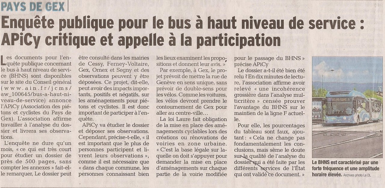 Un article dans le Dauphiné à propos de notre appel à participer à l’enquête BHNS